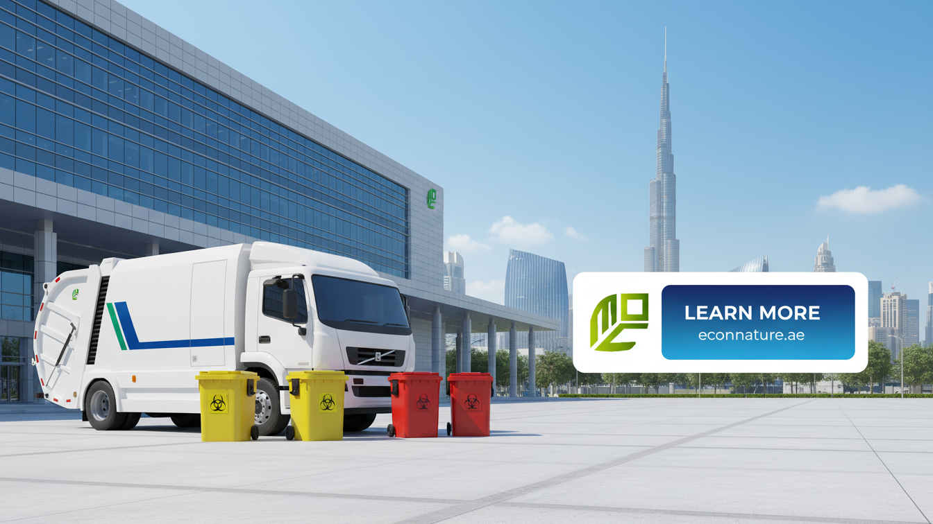 Medical waste management truck and biohazard containers in Dubai with hospital and Burj Khalifa in background