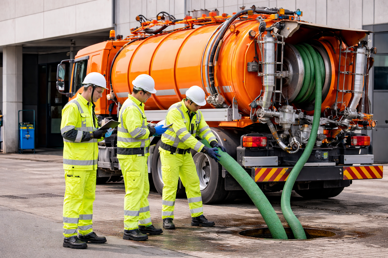 Wastewater removal workers operating orange vacuum tanker truck pumping wastewater from drainage system at an industrial site in Dubai.