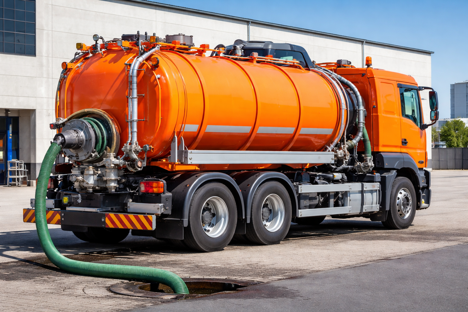 Orange wastewater removal tanker truck using suction hose to pump wastewater from underground drainage system in Dubai.