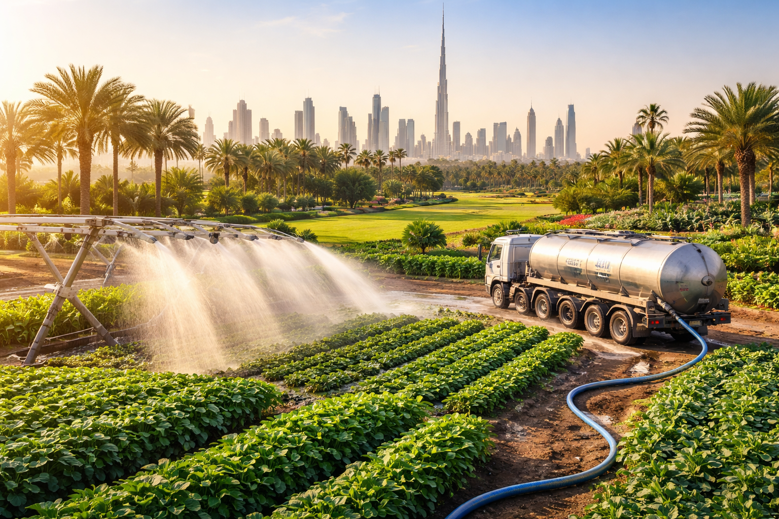 Treated wastewater irrigation in Dubai with tanker truck supplying TSE water to green farmland and landscaping near city skyline