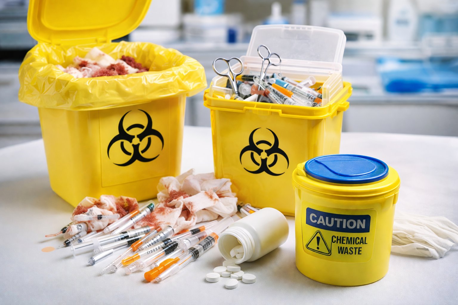 Yellow medical waste containers with biohazard symbols filled with syringes, contaminated materials, and clinical waste in a healthcare setting