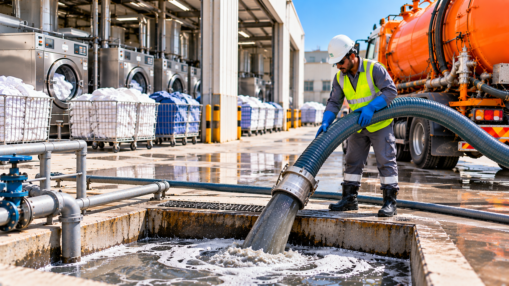 Industrial laundry wastewater being pumped from a foamy drainage pit at a commercial laundry facility in Dubai.