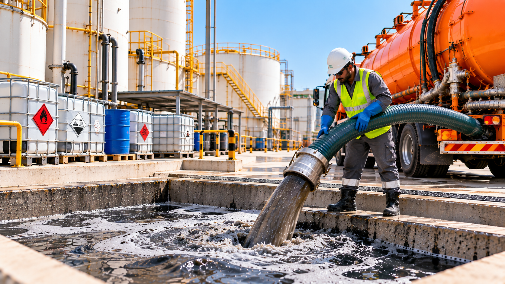 Industrial chemical wastewater treatment facility with containment tanks and safe wastewater collection equipment.