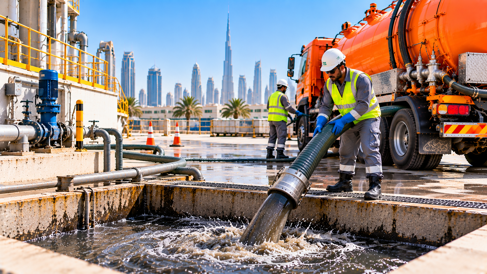 Cleaning wastewater being collected from a commercial cleaning facility drainage area in Dubai.
