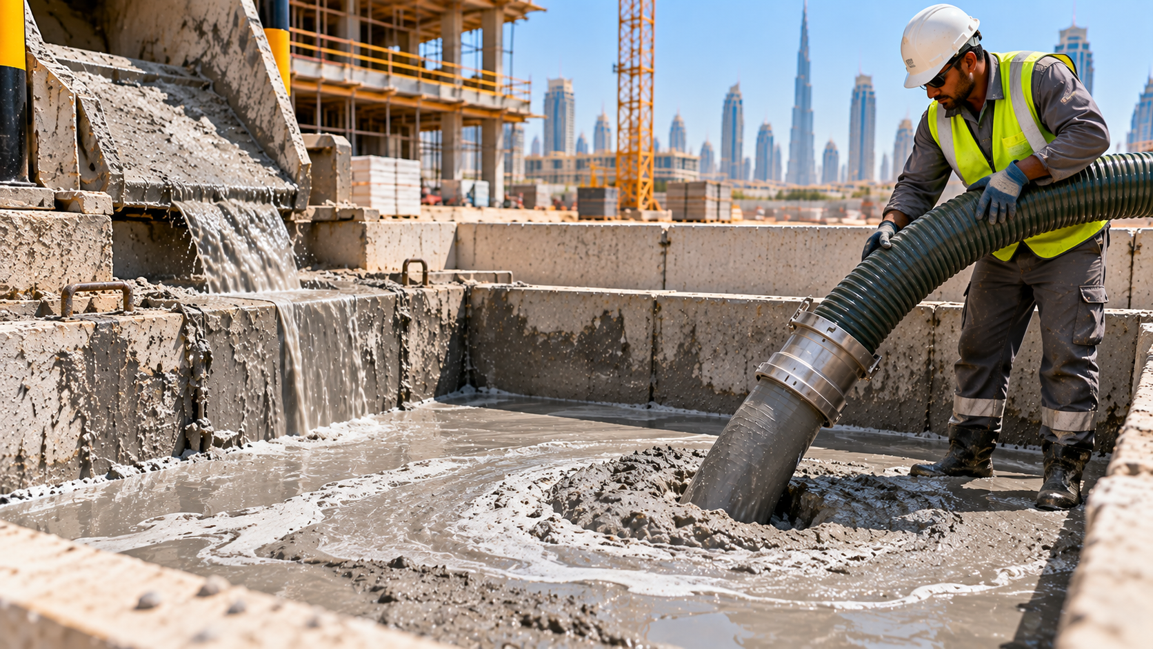 Concrete slurry, cement fines and settled sludge being vacuum-pumped from a construction washout pit in Dubai.