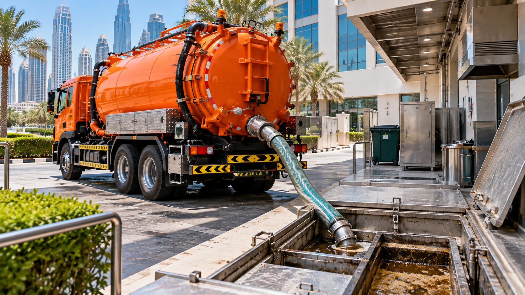 Orange vacuum tanker collecting wastewater from commercial grease traps at a Dubai restaurant facility.