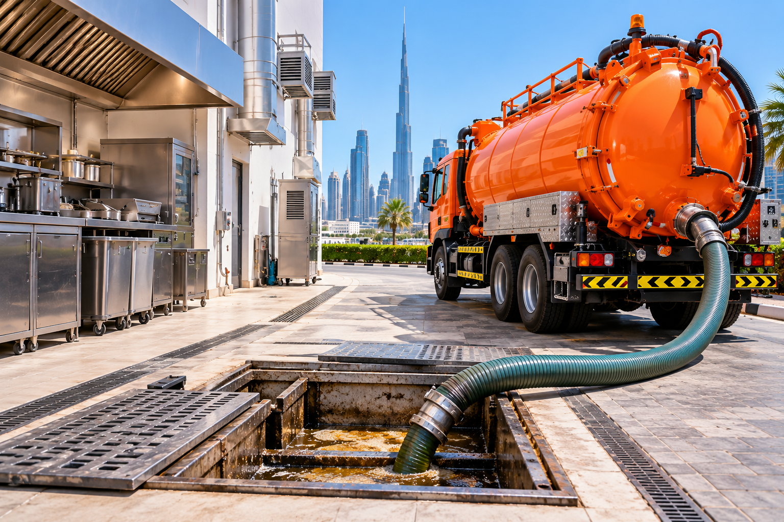 ofessional kitchen wastewater removal in Dubai using an orange vacuum tanker and suction hose connected to a commercial kitchen grease trap.