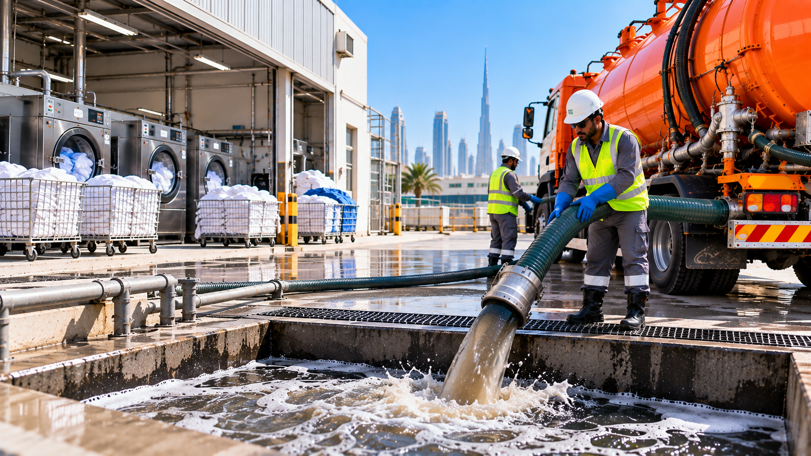 Commercial laundry wastewater being discharged into a collection pit through an industrial suction hose in Dubai.