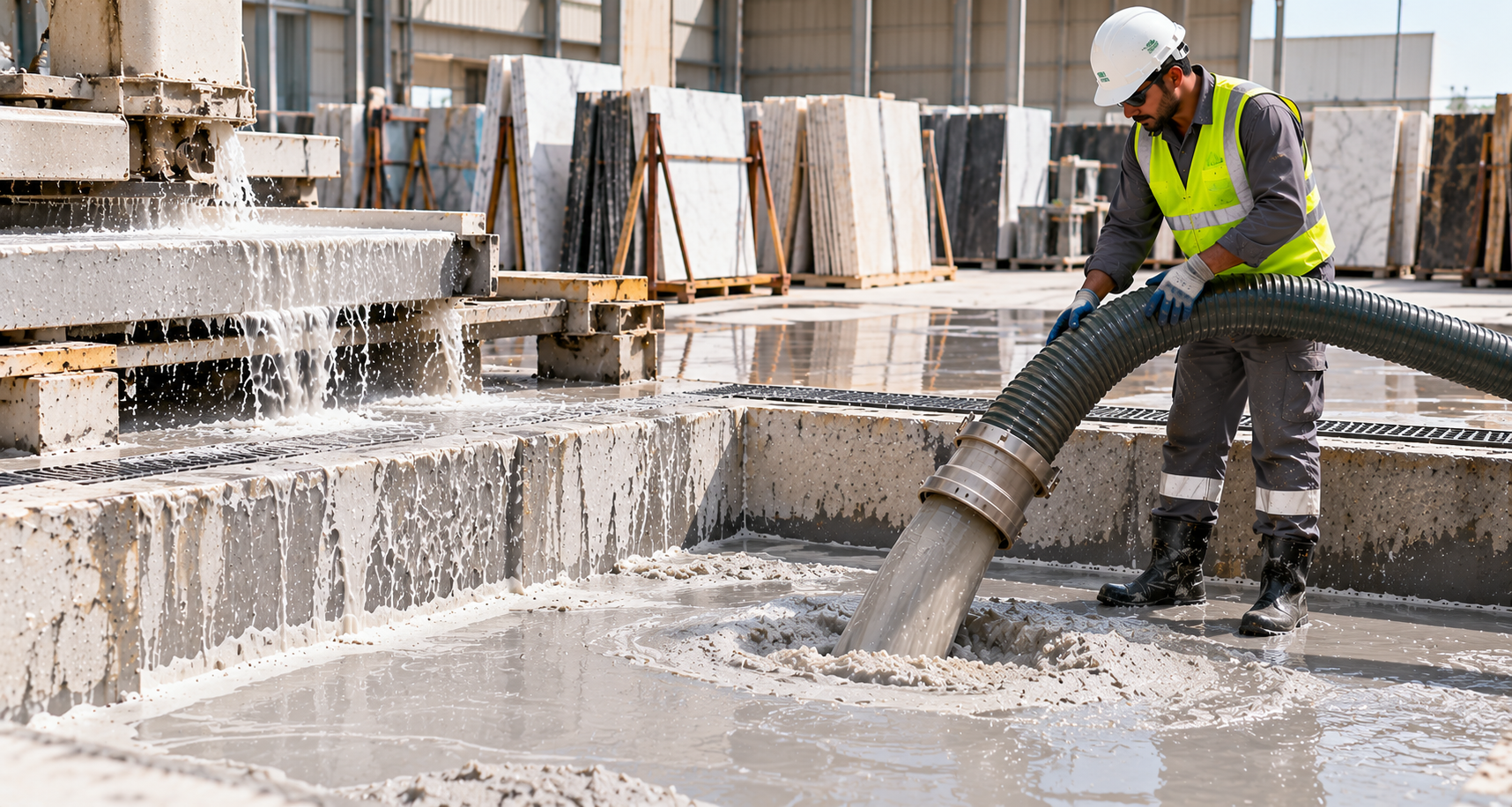 Marble slurry and stone dust being collected from a stone fabrication facility washdown pit in Dubai.