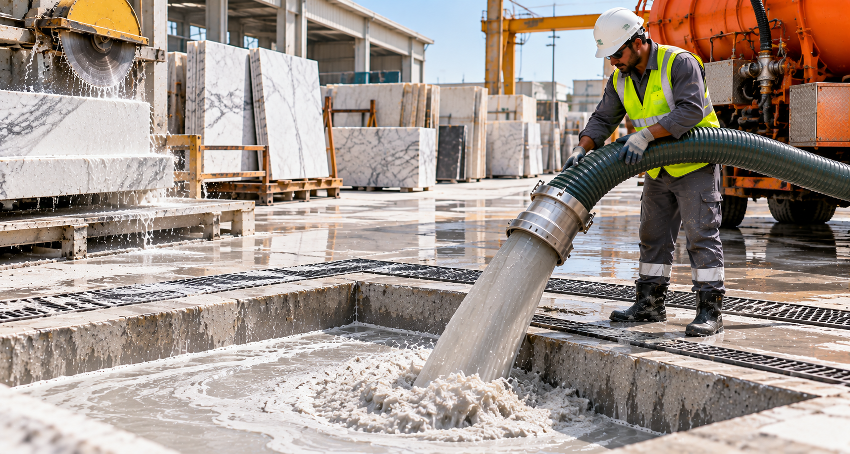 Marble wash slurry being extracted from a stone-processing sump with a heavy-duty suction hose at an industrial facility in Dubai.