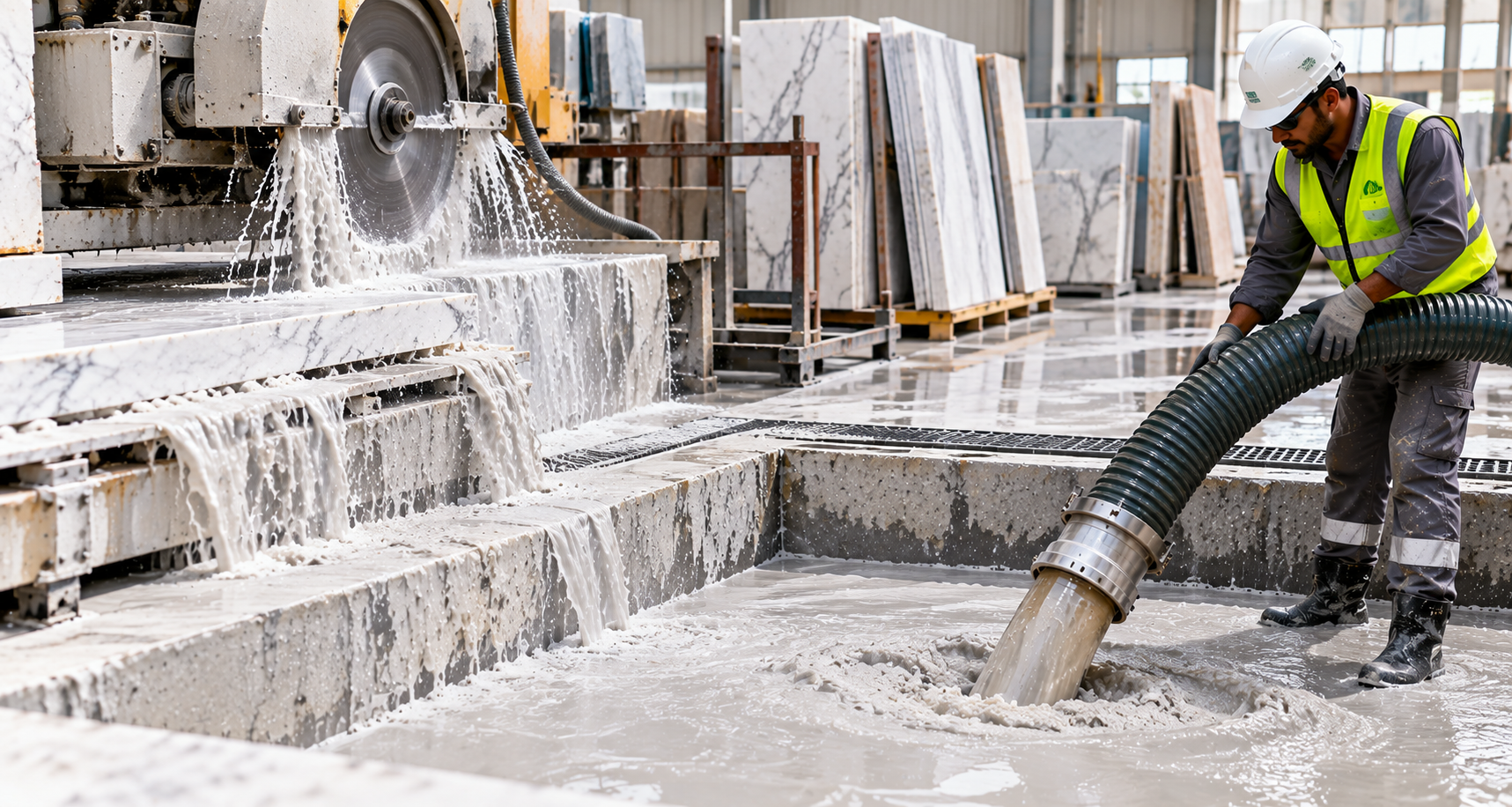 Marble cutting and polishing wastewater slurry being removed from a stone workshop washdown pit in Dubai.