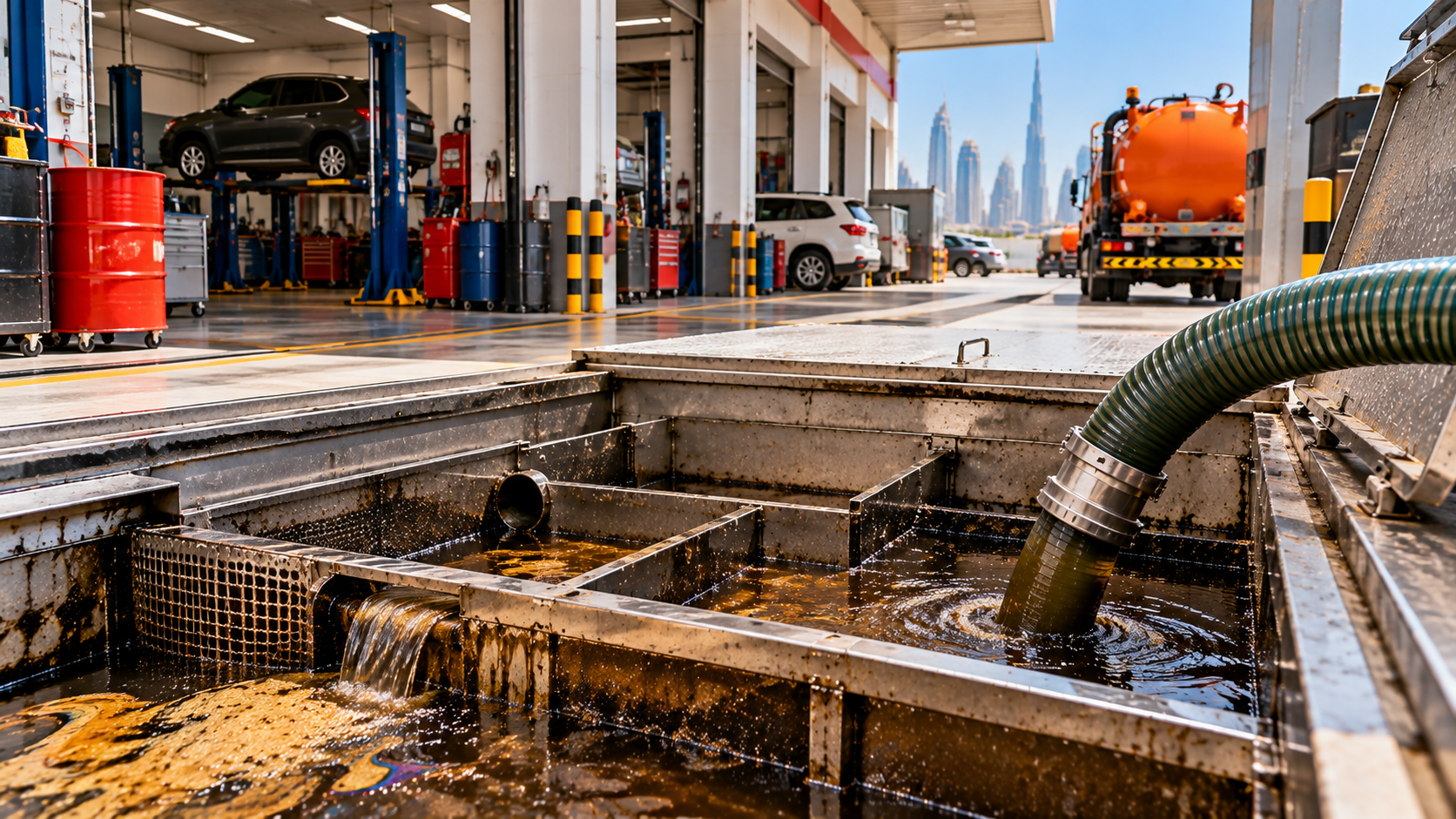 Oil-water separator with oily effluent and sludge being collected at a Dubai automotive service facility.