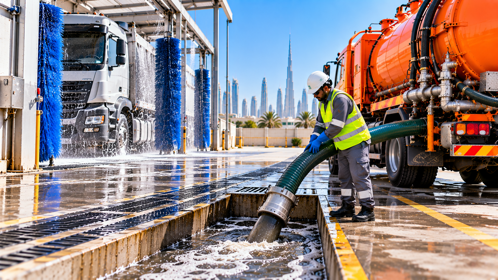 Truck wash wastewater being collected from a drainage trench at a commercial truck washing facility in Dubai.