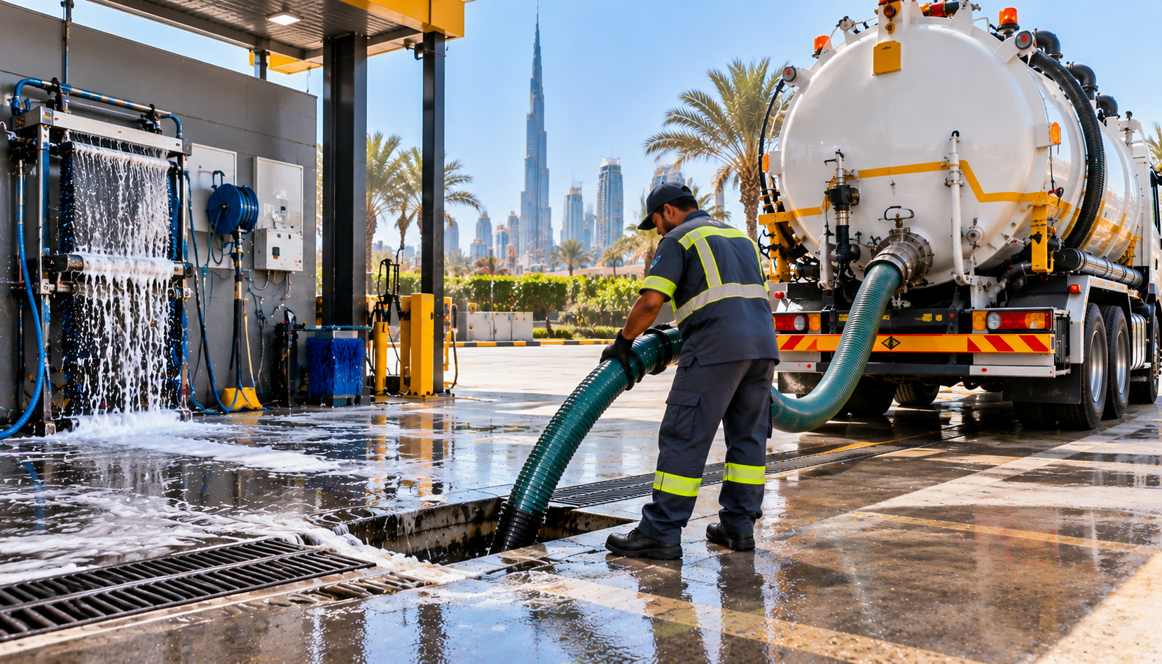 Industrial washing wastewater removal operation in Dubai with a worker collecting foamy wastewater from a wash bay drain using a vacuum tanker and suction hose.